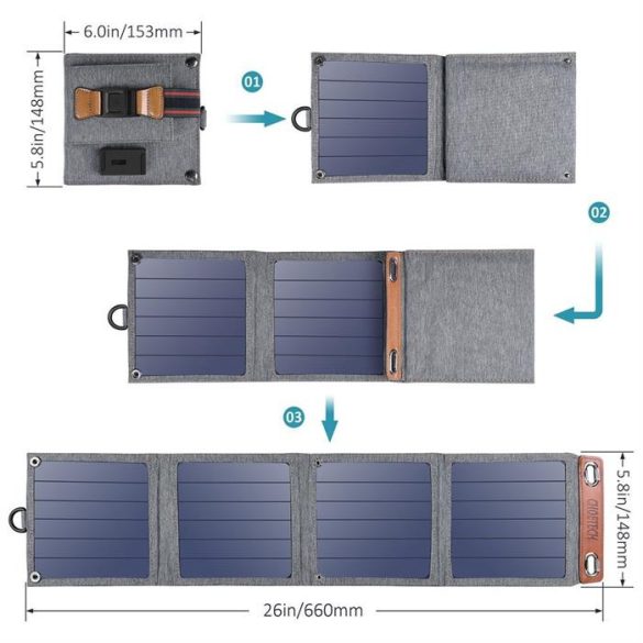 CHOETECH összecsukható Travel Solar Solar Solar Charger 14w USB 5V / 2.4a napelemes szürke (SC004)