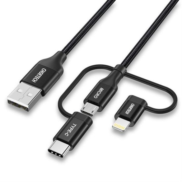 CHOETECH 3IN1 MFI kábel USB - USB type-c / micro USB / Lightning (töltés 3A / adatátvitel 480 Mbps) 1.2m fekete (IP0030-BK)