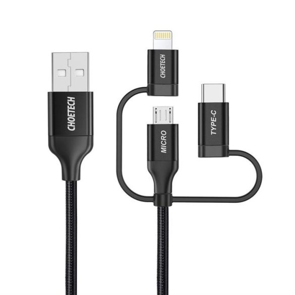 CHOETECH 3IN1 MFI kábel USB - USB type-c / micro USB / Lightning (töltés 3A / adatátvitel 480 Mbps) 1.2m fekete (IP0030-BK)