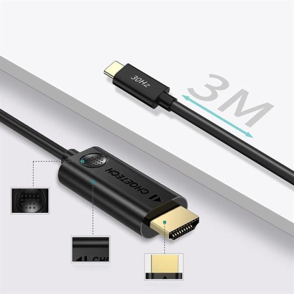 CHOETECH kábel USB type-c - HDMI 4K 30Hz 3M fekete kábel (XCH-0030)