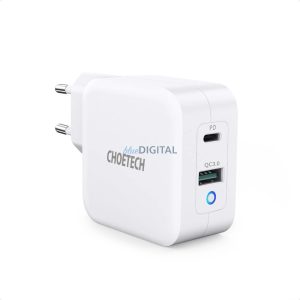 Choetech PD8002 hálózati töltő 1xUSB-A és 1x-USB-C csatlakozással GaN QC3.0 65W 3.25A - fehér