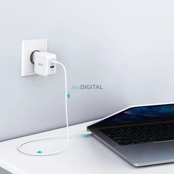 Choetech PD8002 hálózati töltő 1xUSB-A és 1x-USB-C csatlakozással GaN QC3.0 65W 3.25A - fehér