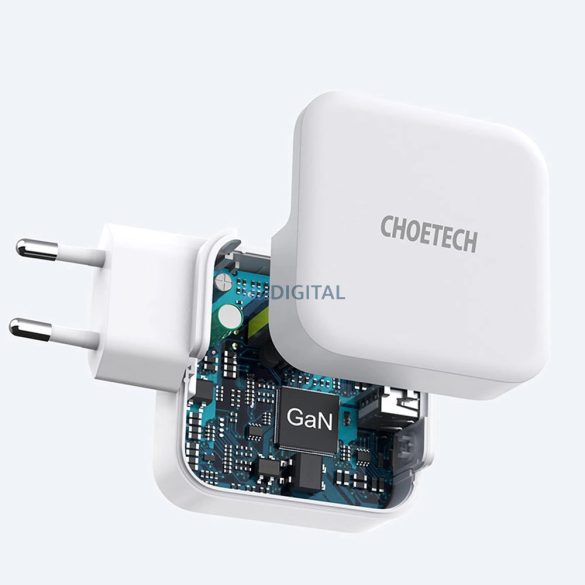 Choetech PD8002 hálózati töltő 1xUSB-A és 1x-USB-C csatlakozással GaN QC3.0 65W 3.25A - fehér