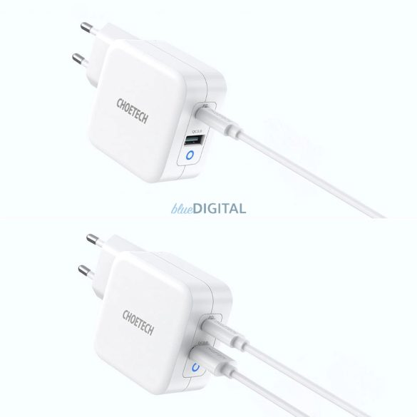 Choetech PD8002 hálózati töltő 1xUSB-A és 1x-USB-C csatlakozással GaN QC3.0 65W 3.25A - fehér