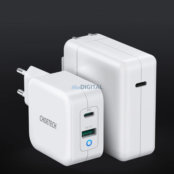 Choetech PD8002 hálózati töltő 1xUSB-A és 1x-USB-C csatlakozással GaN QC3.0 65W 3.25A - fehér