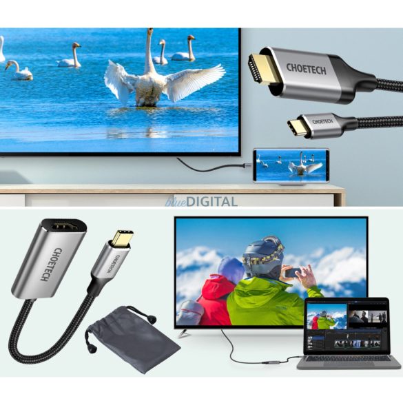 Choetech CH0021 Type C - HDMI 2.0 (3840 x 2160 @ 60Hz) adapter +Type C - HDMI (3840 x 2160 @ 60Hz) kábel 2m - szürke