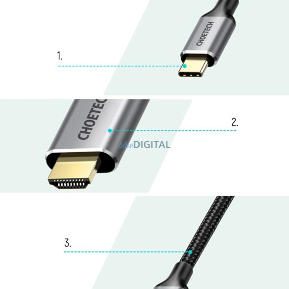 Choetech CH0021 Type C - HDMI 2.0 (3840 x 2160 @ 60Hz) adapter +Type C - HDMI (3840 x 2160 @ 60Hz) kábel 2m - szürke