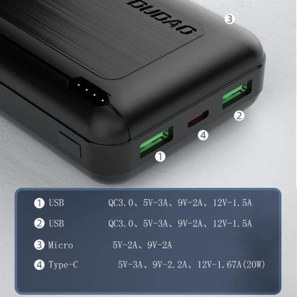 Dudao Power Bank külső akkumulátor 20000 mAh Power Delivery 20 W Quick Charge 3.0 2x USB / Type-c USB fekete (K12PQ + fekete)