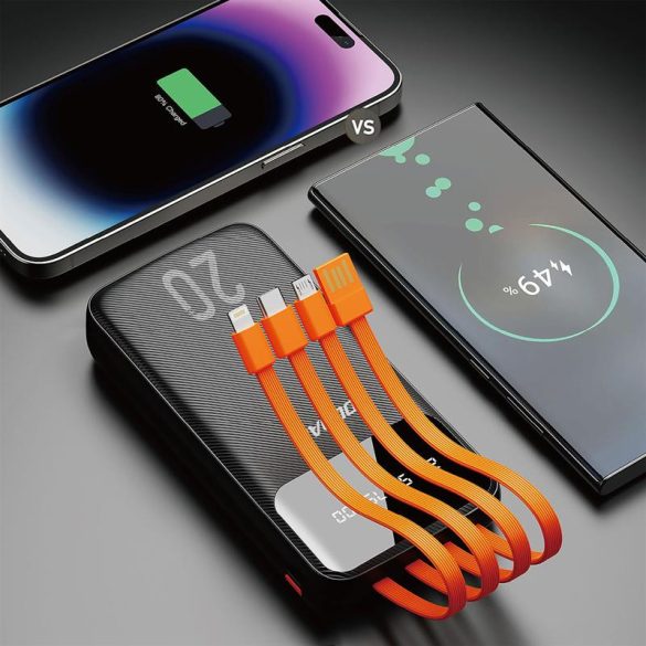 Dudao tágas Power Bank külső akkumulátor 3 kábel és hálózati kijelző 20000mAh Type-c USB + micro USB + Lightning fekete (Dudao K6Pro +)
