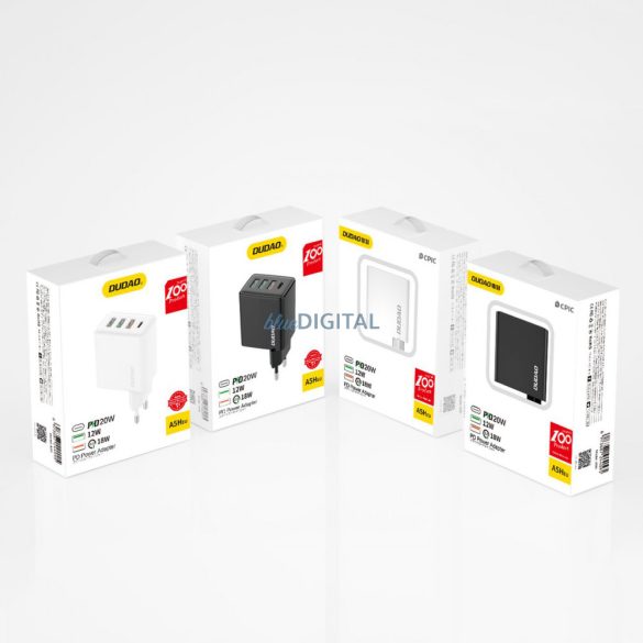 Dudao gyorstöltő 3x USB / 1x USB Type C 20W, PD, QC 3.0 fehér (A5H)