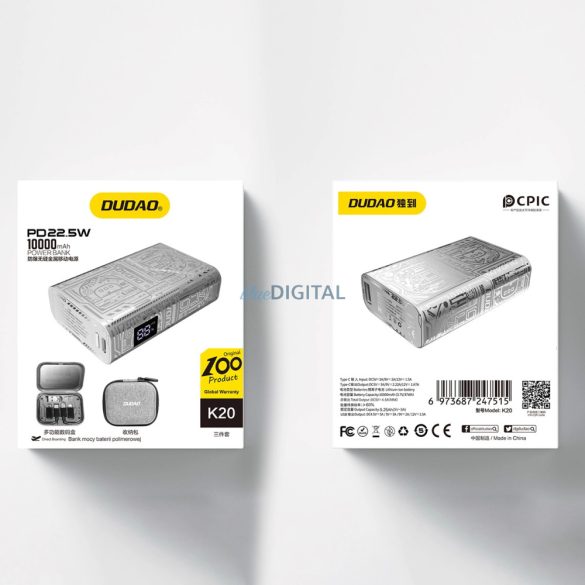 Dudao K20 powerbank USB-A / USB-C 10000mAh 22.5W - ezüst színű