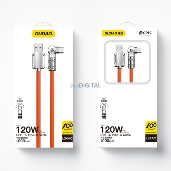 Szögletes kábel USB - USB C 120W forgatás 180° Dudao 120W 1m - narancs színű