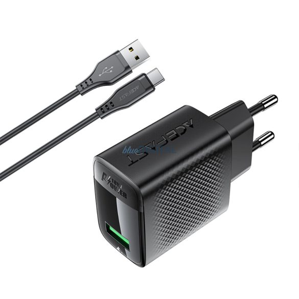 Acefast A90 hálózati töltő 1xUSB-A csatlakozással és USB-A - Type-C csatlakozással GaN QC 18W - fekete