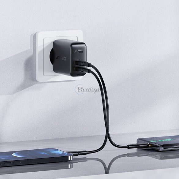 AcceFast hálózati töltő USB type-c / USB 32W, PPS, PD, QC 3.0, AFC, FCP fekete (A5 fekete)