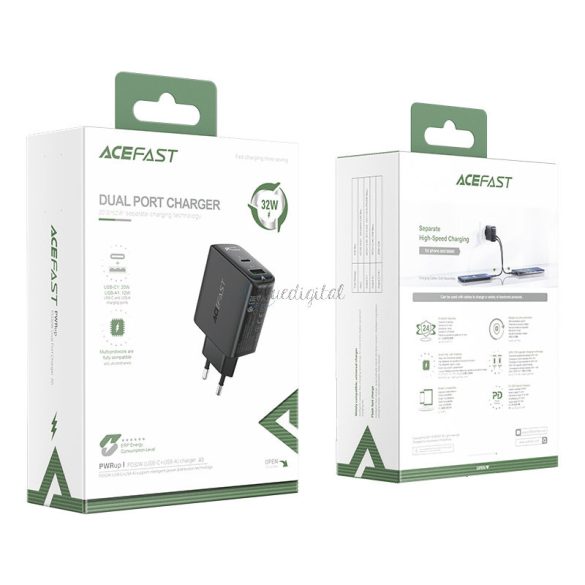 AcceFast hálózati töltő USB type-c / USB 32W, PPS, PD, QC 3.0, AFC, FCP fekete (A5 fekete)