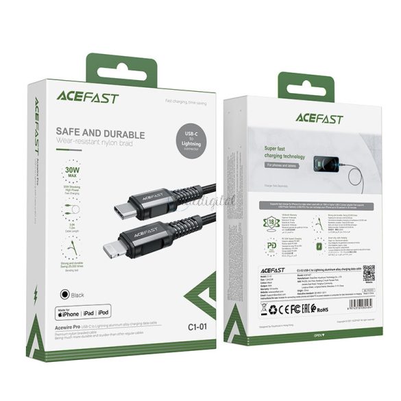 AceFast kábel MFI USB type-c - Lightning 1,2m, 30W, 3A fekete (C1-01 fekete)