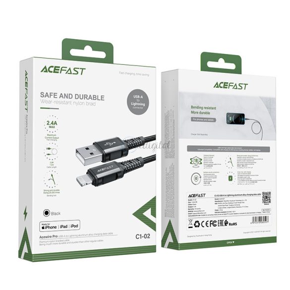 AceFast kábel MFI USB - Lightning 1.2m, 2.4a fekete (C1-02 fekete)