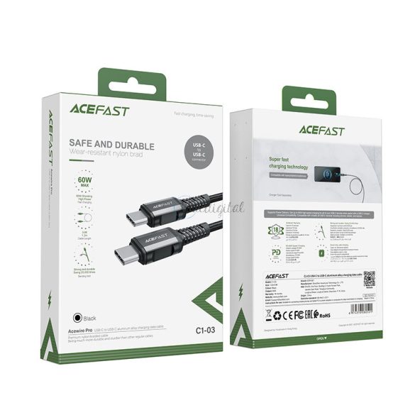 AceFast kábel USB type-c - USB type-c 1,2 m, 60W (20V / 3a) fekete (C1-03 fekete)