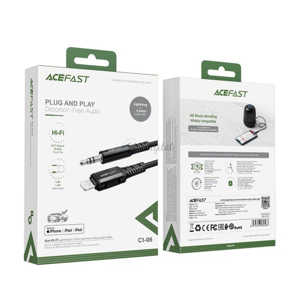 ACEFFY AUDIO Kábel MFI Lightning - 3,5 mm-es Mini Jack (apa) 1.2m, Aux fekete (C1-06 fekete)