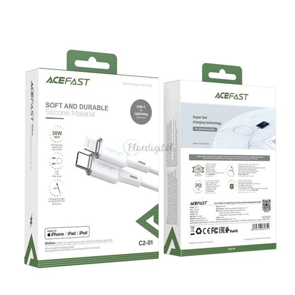 AceFast kábel MFI USB type-c - Lightning 1,2m, 30W, 3A fehér (C2-01 fehér)