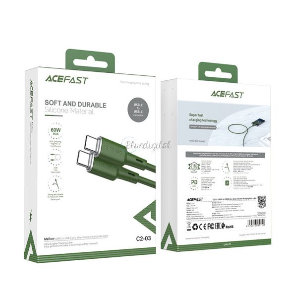 AceFast kábel USB type-c - USB type-c 1,2m, 60W (20V / 3a) zöld (C2-03 olívazöld)