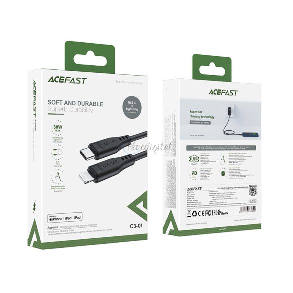 AceFast kábel MFI USB type-c - Lightning 1.2m, 30W, 3A fekete (C3-01 fekete)