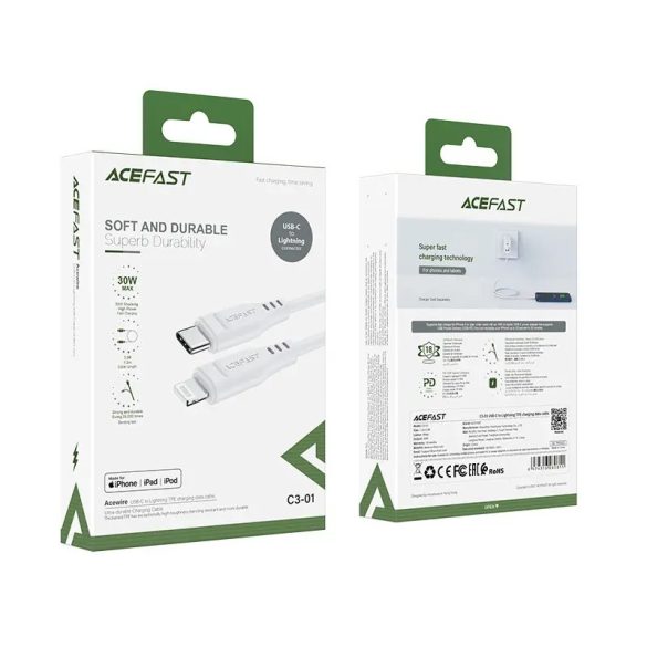 Acefast C3-01 Type-C - Lightning kábel 30W 3A 480Mb/s PD 1.2m - fehér