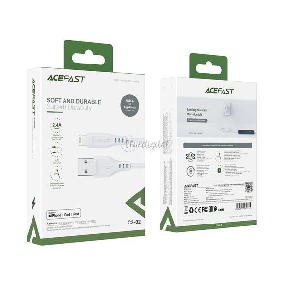 ACEFAST MFI USB -kábel - Lightning 1,2 m, 2,4a fehér (C3-02 fehér)
