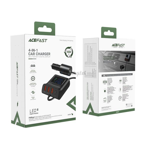 Acefast autós töltő 90W USB Type C / 3x USB / szivargyújtóból, PPS, PD3.0, QC3.0, AFC, FCP töltőállomás fekete (B8 fekete)