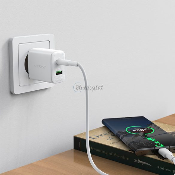 ACEFAST WALL -töltő USB type-c / USB 20W, PPS, PD, QC 3.0, AFC, FCP fehér (A25 fehér)