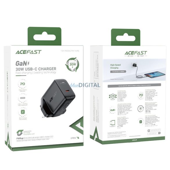 Acefast GaN töltő (UK dugó) USB Type C 30W, Power Delivery, PPS, Q3 3.0, AFC, FCP fekete (A24 UK fekete)