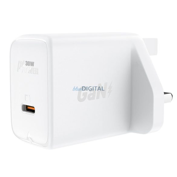 Acefast GaN fali töltő (UK dugó) USB Type C 30W, Power Delivery, PPS, Q3 3.0, AFC, FCP fehér (A24 UK fehér)