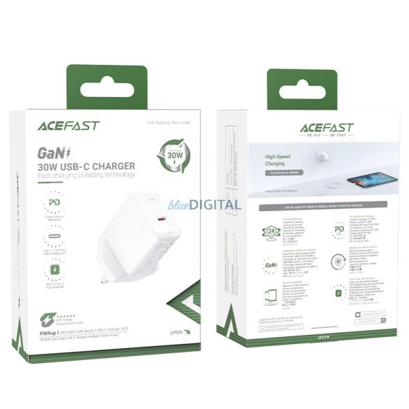 Acefast GaN fali töltő (UK dugó) USB Type C 30W, Power Delivery, PPS, Q3 3.0, AFC, FCP fehér (A24 UK fehér)