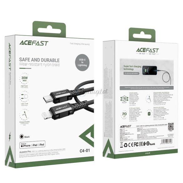 ACEFAST CABL MFI USB Type C - Lightning 1,8m, 30W, 3A fekete (C4-01 C fekete)