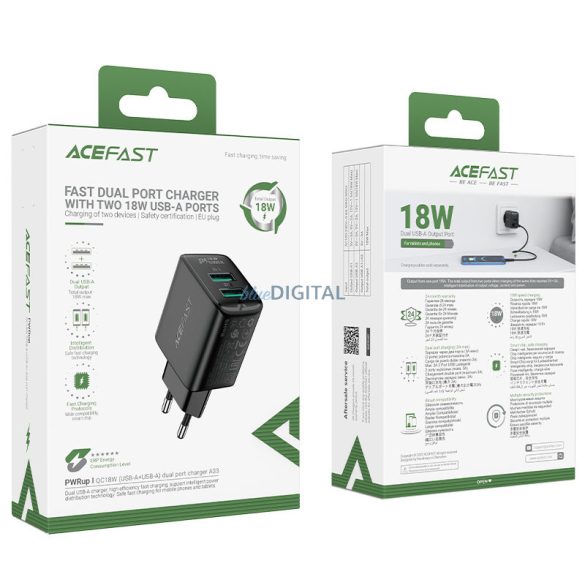 Acefast töltő 2x USB 18W QC 3.0, AFC, FCP fekete (A33 fekete)