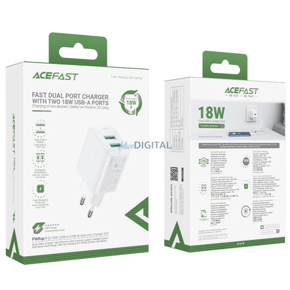 Acefast töltő 2x USB 18W QC 3.0, AFC, FCP fehér (A33 fehér)