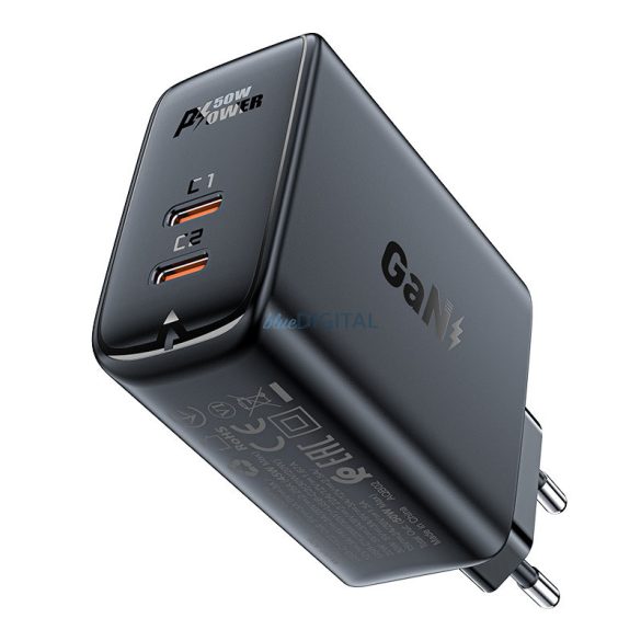 Acefast A29 PD50W GaN (USB-C + USB-C) két portos töltő fekete színben