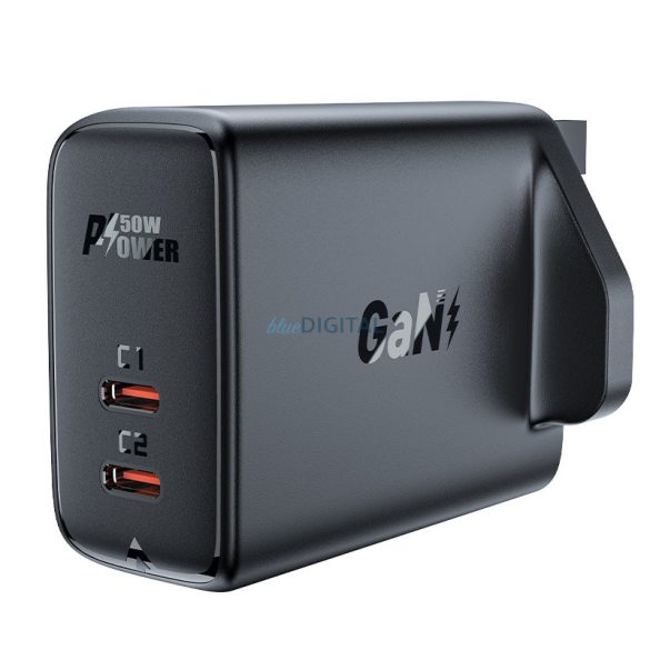 Acefast GaN töltő (UK dugó) 2x USB Type-C 50W, Power Delivery, PPS, Q3 3.0, AFC, FCP fekete (A32 UK)