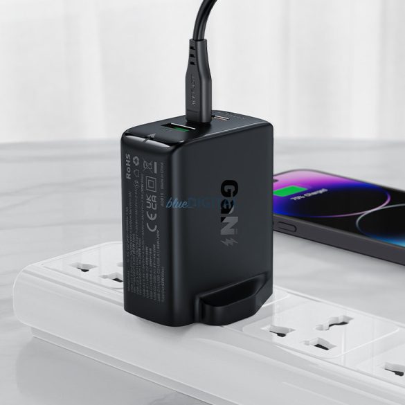 Acefast töltő GaN 65W 3 portos (1xUSB, 2xUSB C PD) UK dugó fekete (A44)