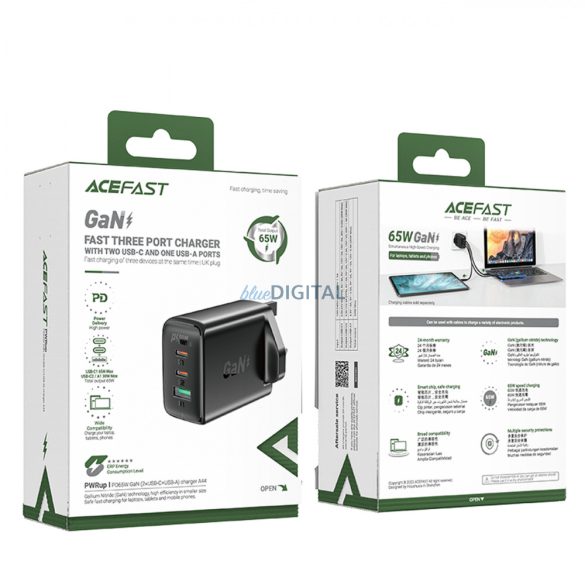 Acefast töltő GaN 65W 3 portos (1xUSB, 2xUSB C PD) UK dugó fekete (A44)