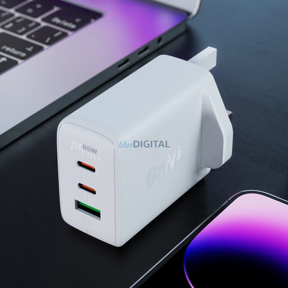 Acefast töltő GaN 65W 3 portos (1xUSB, 2xUSB C PD) UK dugó fekete (A44)