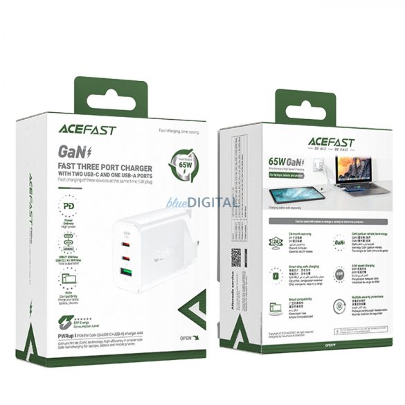 Acefast töltő GaN 65W 3 portos (1xUSB, 2xUSB C PD) UK dugó fehér (A44)