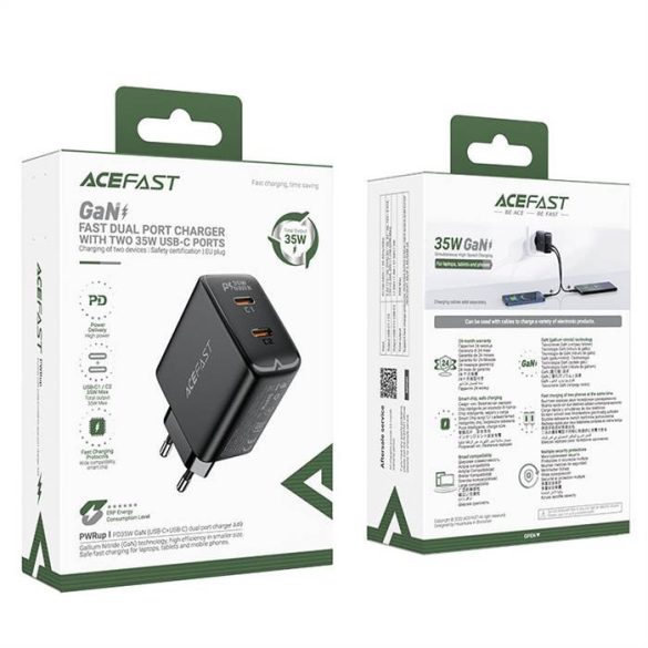 Gyorstöltő GaN 35W PD 2x USB C Acefast A49 - fekete