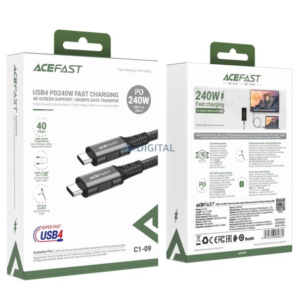 Acefast C1-09 USB-C / USB-C USB4 PD3.1 5A 1m kábel - szürke fekete