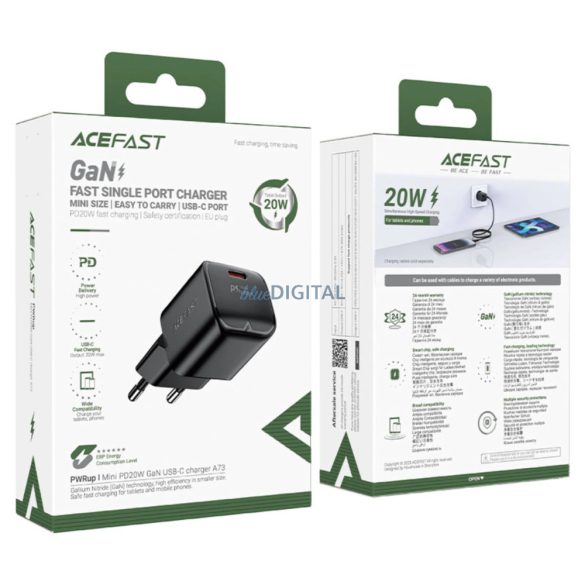 Acefast A73 Mini hálózati töltő 1xUSB-C csatlakozással PD 20W GaN - fekete