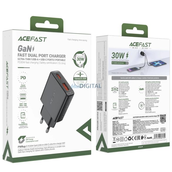 Acefast A69 hálózati töltő 1xUSB-A és 1xUSB-C csatlakozással PD 30W GaN - fekete