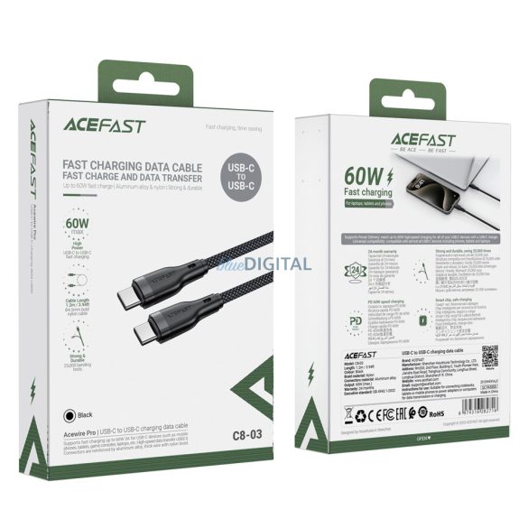 Acefast C8-03 Type-C - Type-C kábel 60W 3A 1.2m - fekete