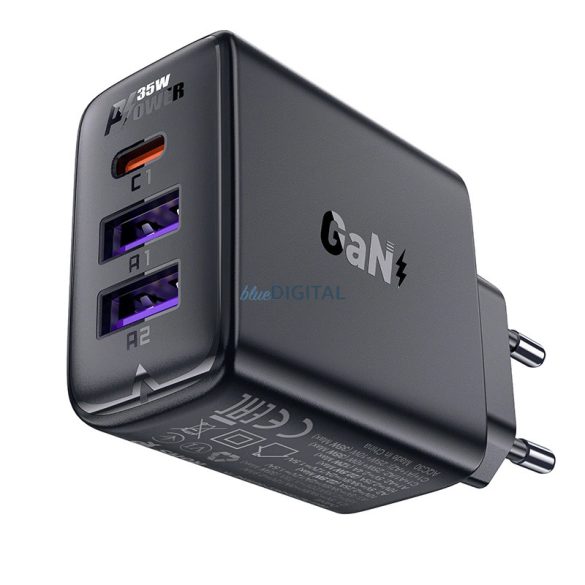 Acefast A57 hálózati töltő 2xUSB-A és 1xUSB-C csatlakozással PD 35W GaN - fekete