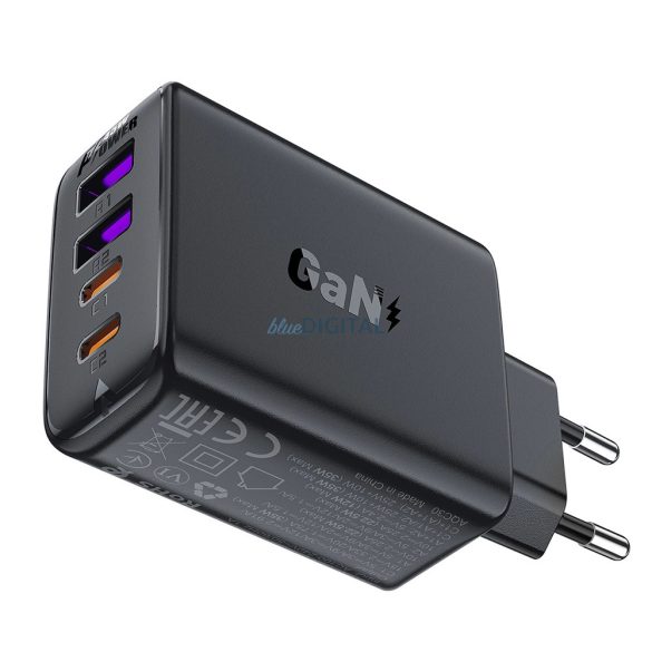 Acefast A61 hálózati töltő 2xUSB-A és 2xUSB-C csatlakozással PD 45W GaN - fekete