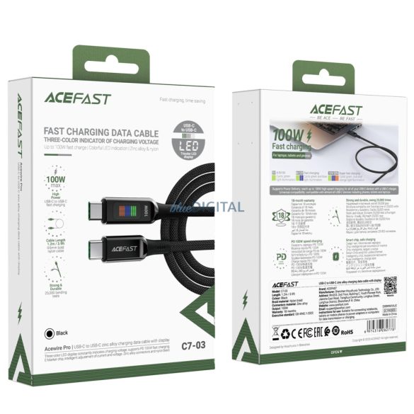 Acefast C7-03 Type-C - Type-C kábel kijelzővel 100W 1.2m - fekete